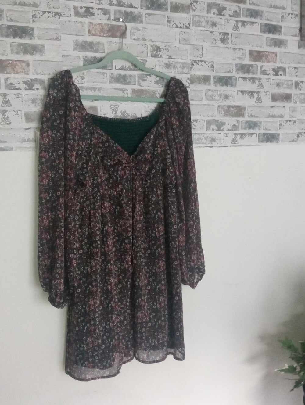 Floral Long-Sleeve Peasant Dress in Green and Pink